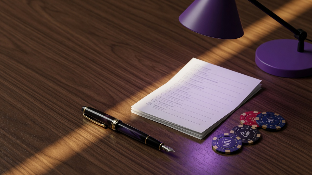 Checklist paper, fountain pen, and casino chips on a dark wood desk.