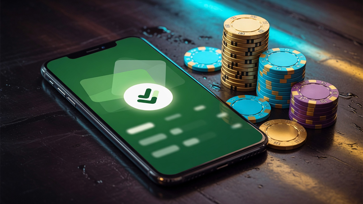 Smartphone with a generic green payment screen beside casino chips on a dark table.
