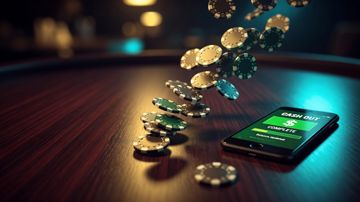 Casino chips sliding toward a smartphone with a generic cash-out screen.