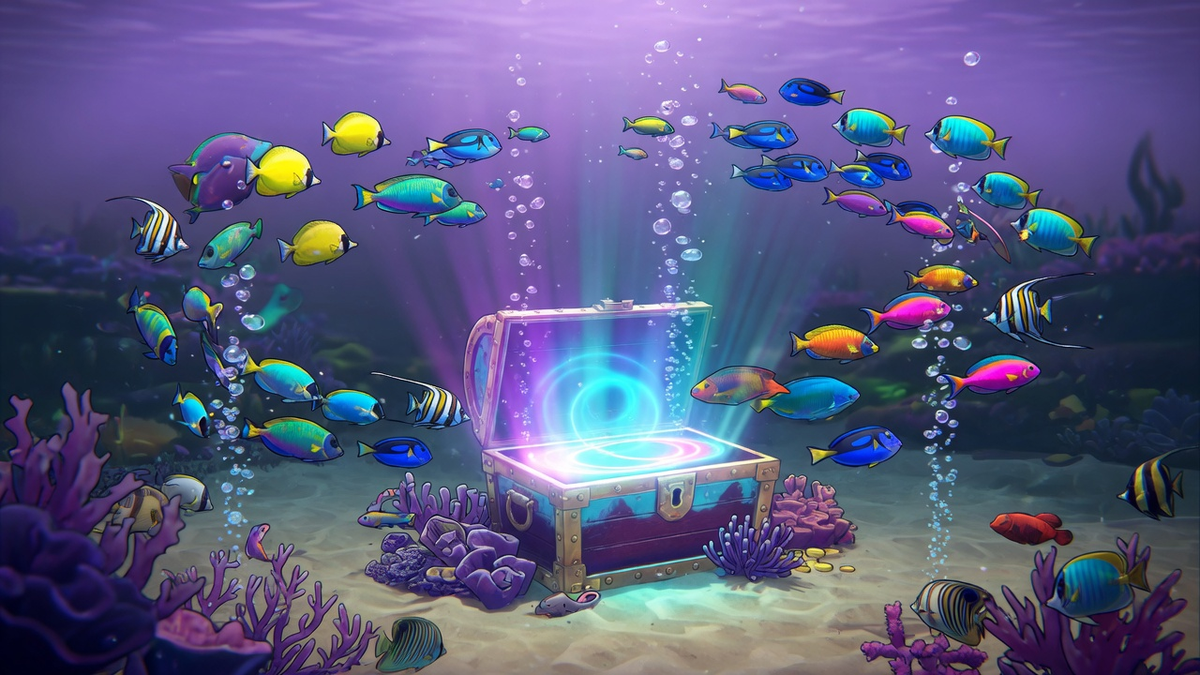 Tropical fish around a glowing treasure chest in purple and cyan water.