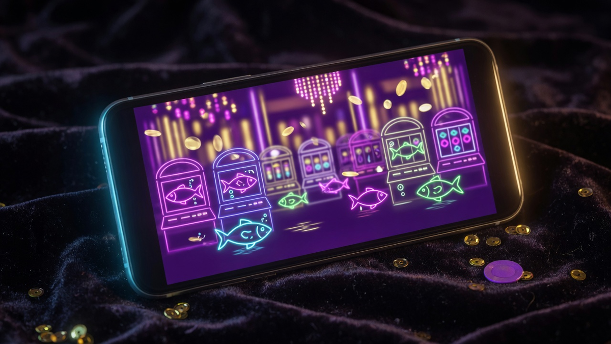 Smartphone on a dark desk showing a purple casino lobby glow, used as the Vblink web app install cover.