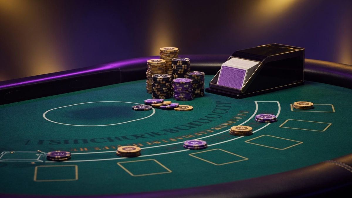 Modern blackjack table with green felt, a shoe of cards, and chips under purple gold light.