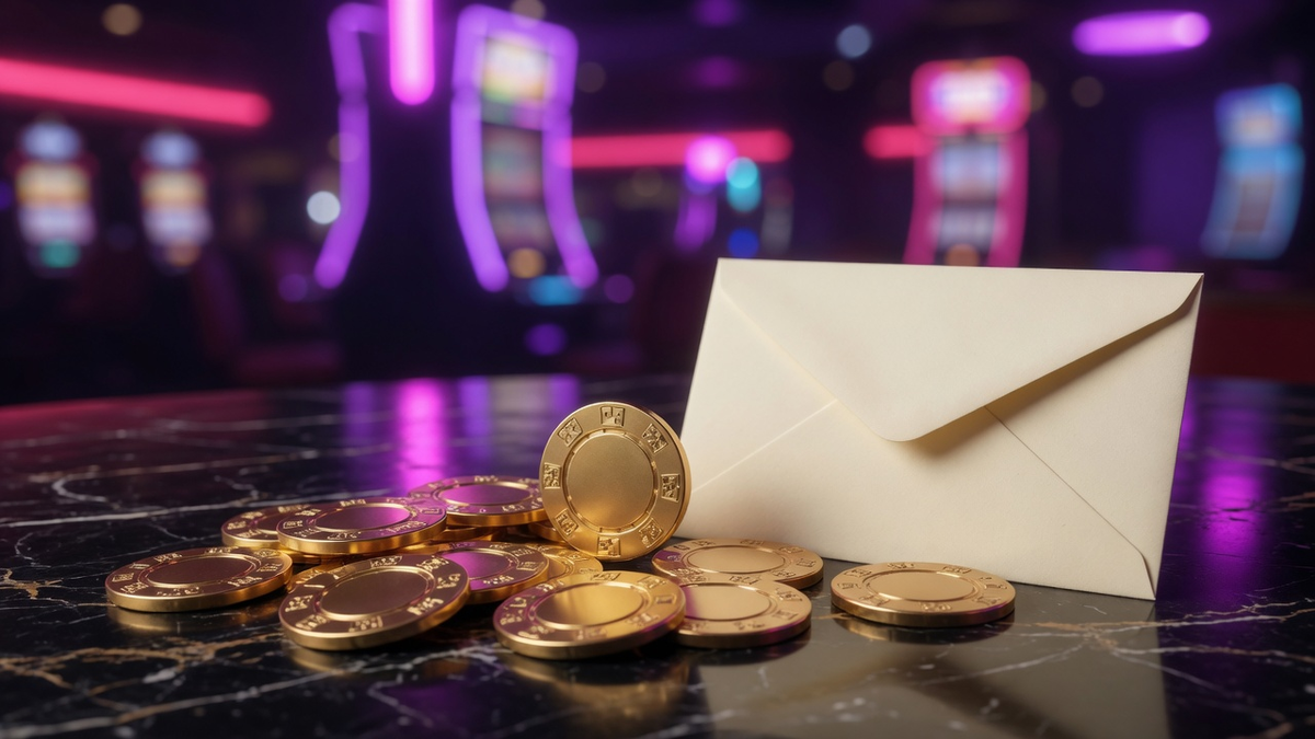 Gold casino chips and a blank envelope on black marble under purple neon.