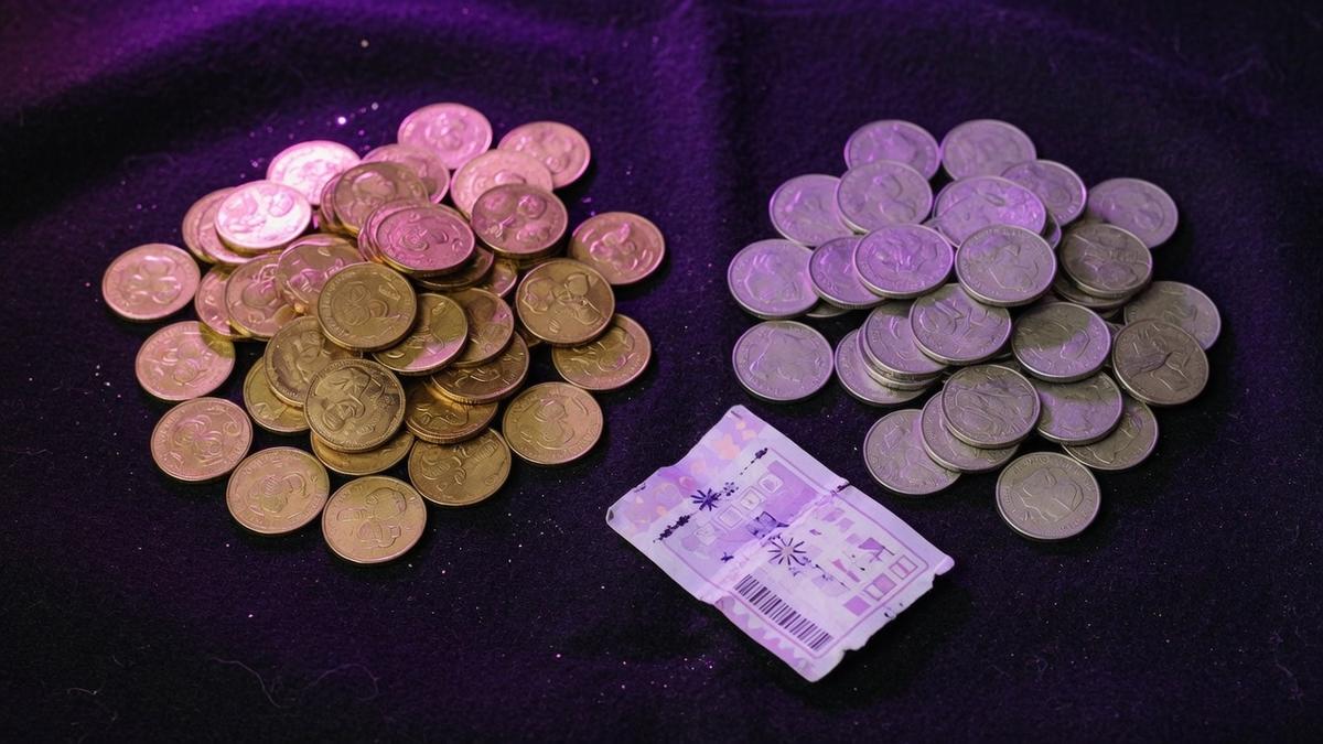 Gold and silver coin piles with a small paper ticket on dark casino felt.