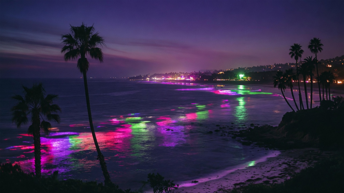 California coastline at night with palm silhouettes and distant neon on the water.