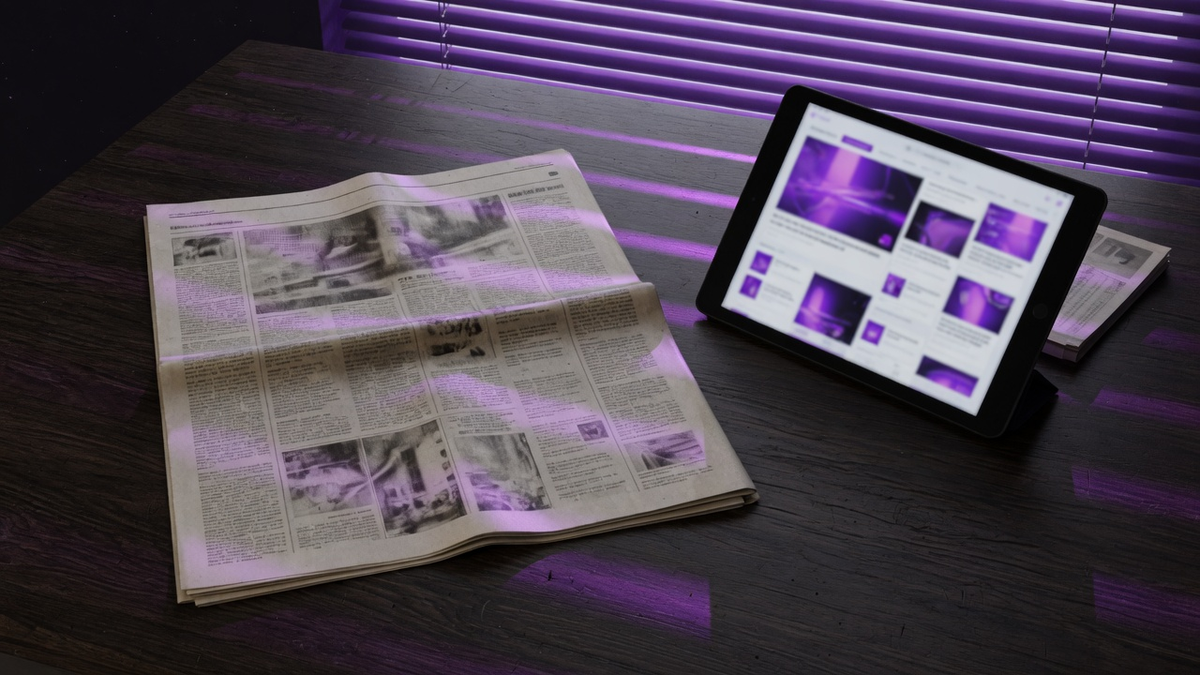 Newspaper and tablet with unreadable layout blocks on a dark desk, purple neon in the window.