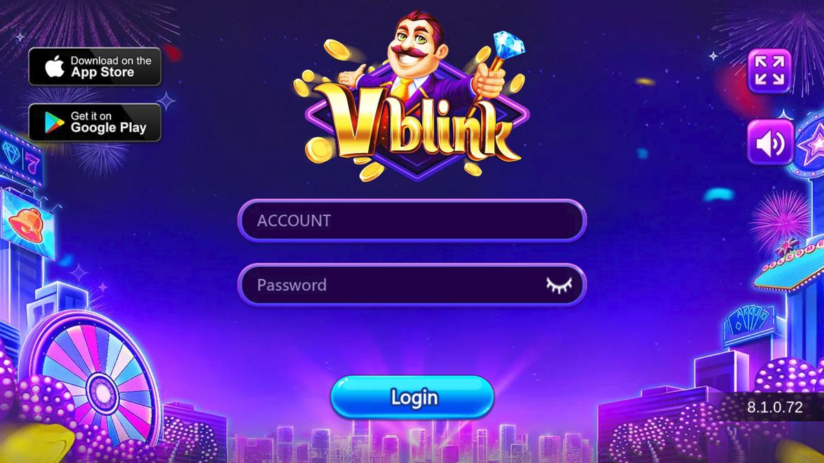 Official Vblink login canvas with Account, Password, Login, and build 8.1.0.72.