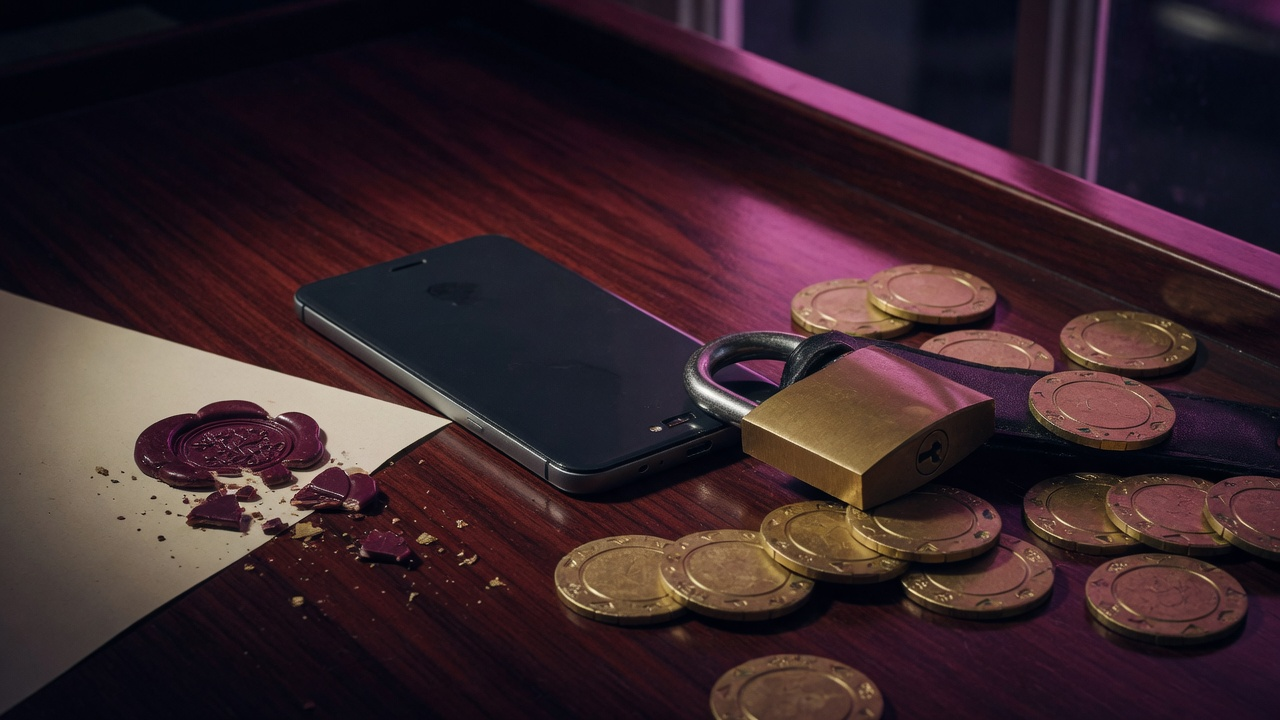 Dark casino desk with a locked phone and a warning glow, used as the Vblink777 Login problems cover.